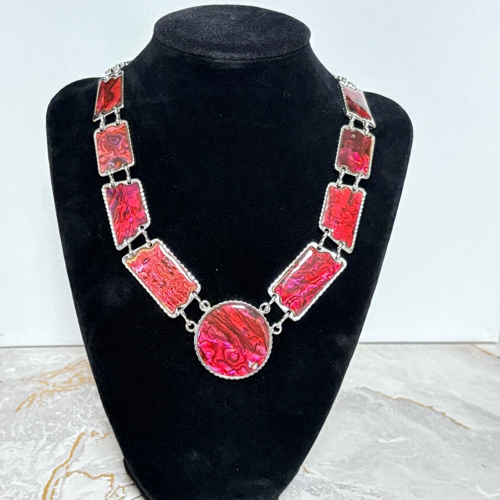Vintage 1980s statement, necklace with vibrant abalone red pink accents